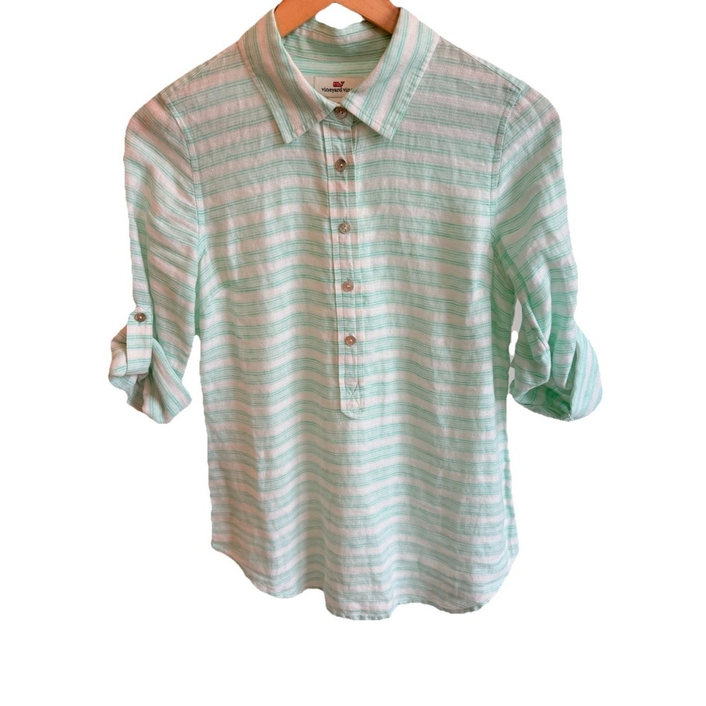 Vineyard Vines Top Women 2 Mint Stripe Linen Resort Beachy Preppy Nautical
